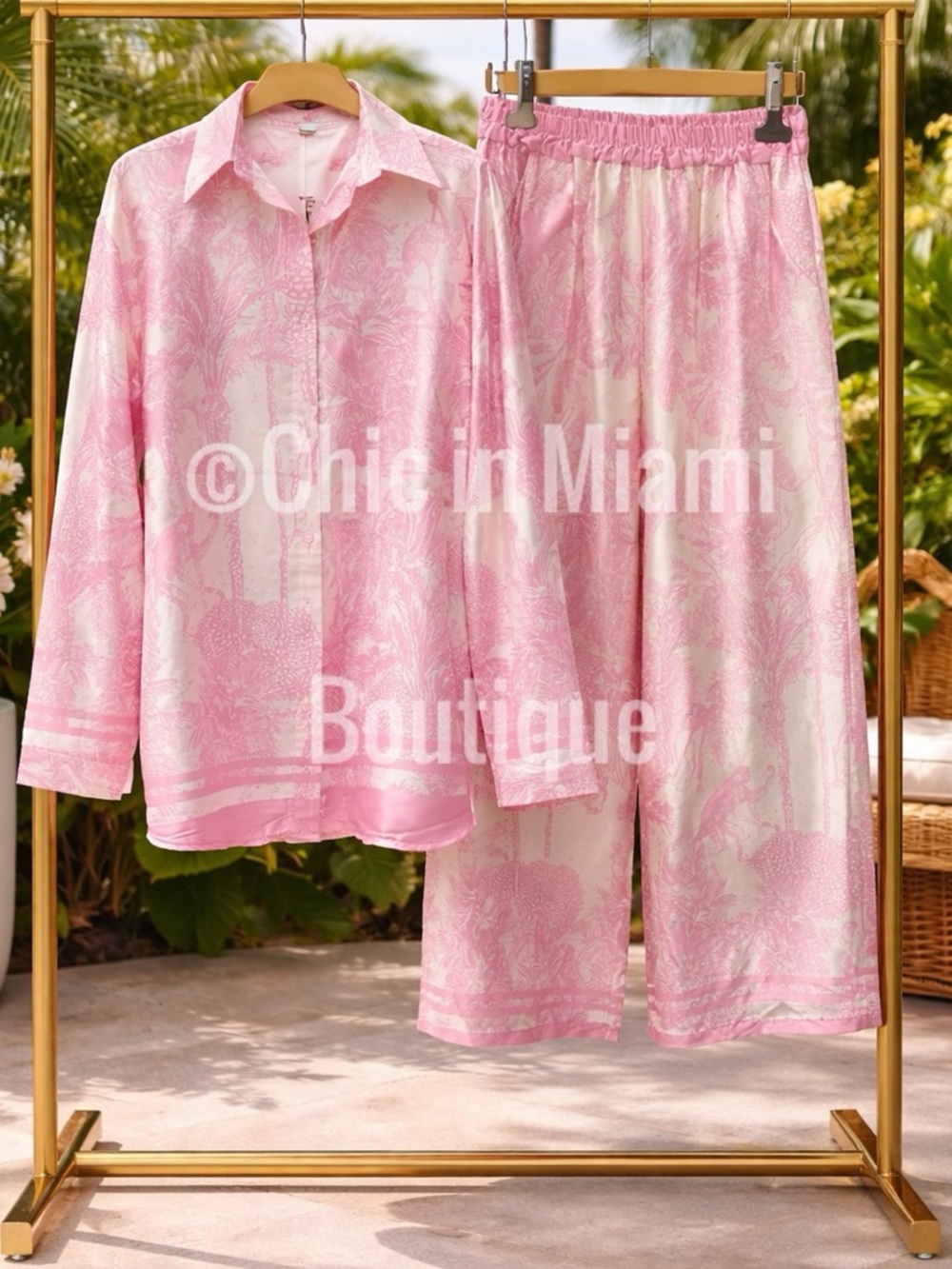 Italian Satin Jungle Print 2 Piece Set Button Down & Wide Leg Pants OS Pink